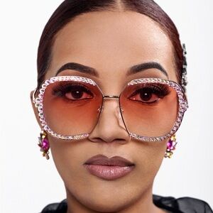 Oversized Rhinestone Sunglasses Pink Tint Glam Square Festival Statement UV